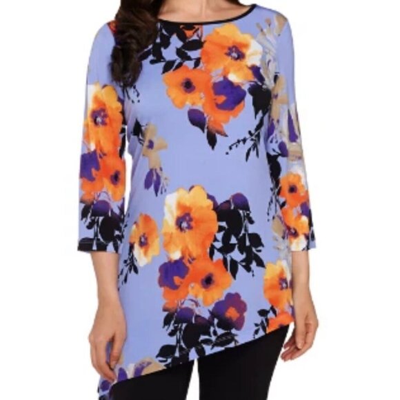 Susan Graver Size S Floral Printed Liquid Knit Asymmetrical Hem Tunic Top Blue - Picture 1 of 9